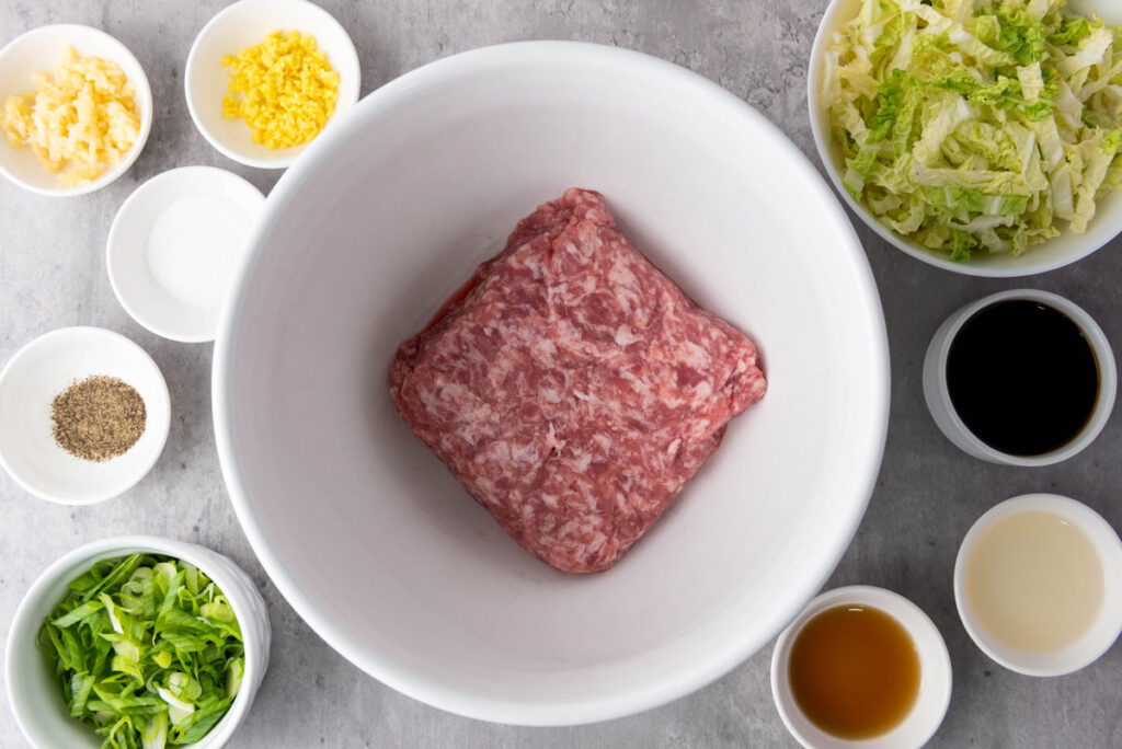pan fried pork dumplings ingredients in bowls