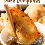 collage of chopsticks holding pan fried pork dumpling and recipe name overlay