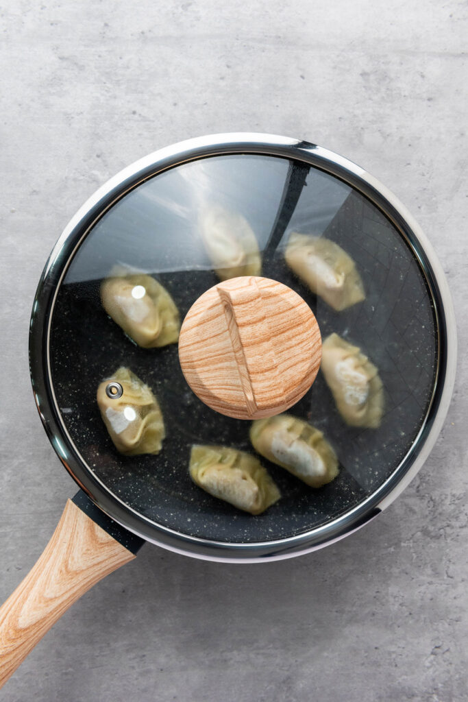 steaming pan-fried pork dumplings