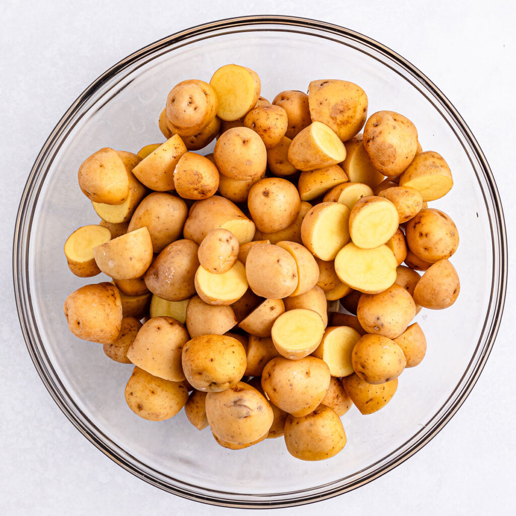 bowl of cut baby potatoes