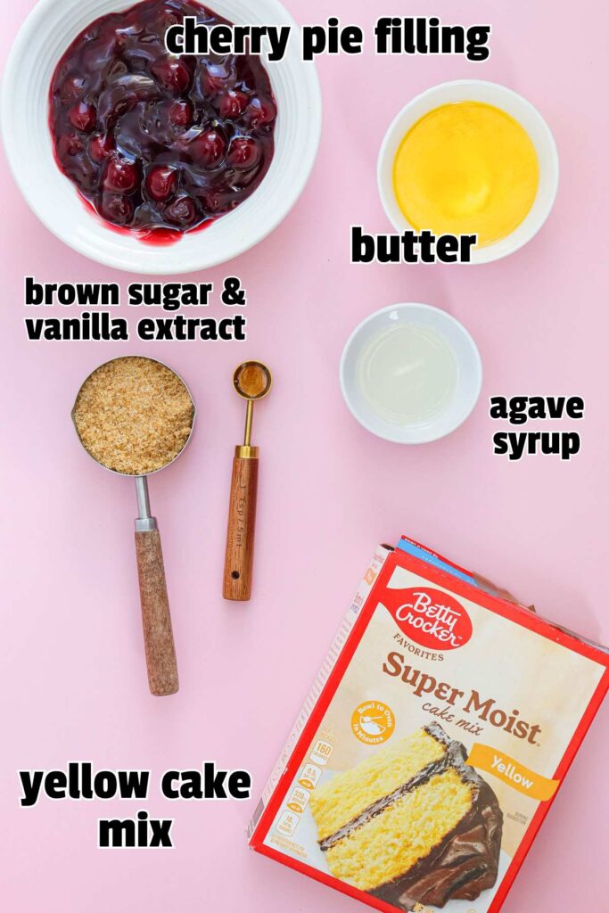 labeled photo of cherry dump cake ingredients