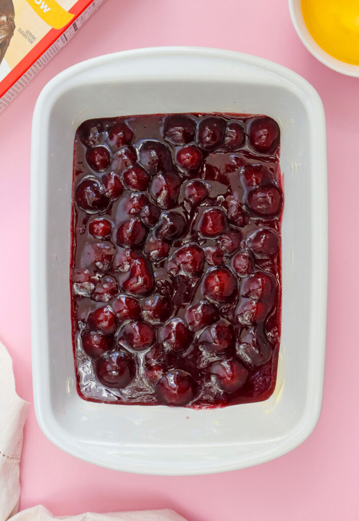 cherry pie filling in baking dish