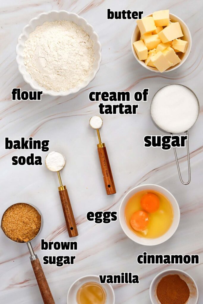 labeled snickerdoodle bar ingredients on countertop