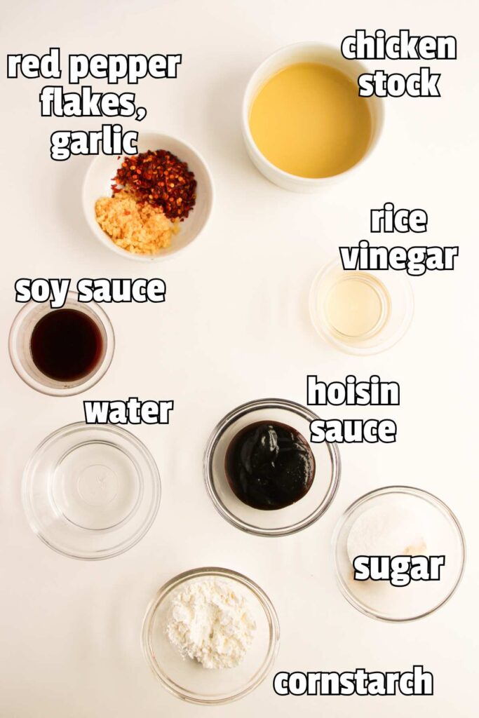 general tsos chicken sauce ingredients in bowls with overlays labeling