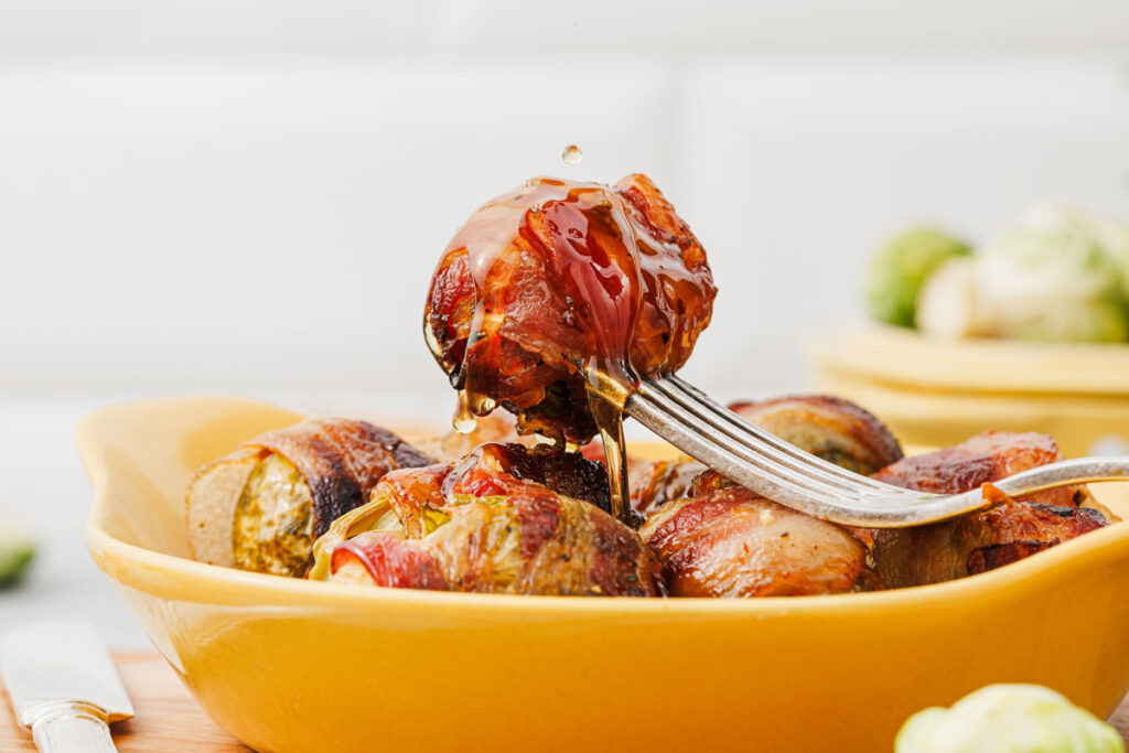 fork with bacon wrapped brussel sprouts