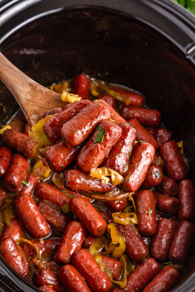 wooden spoon with slow cooker Mississippi little smokies