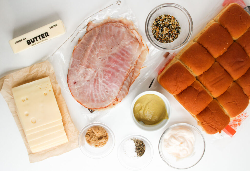 ham and swiss sliders ingredients on countertop