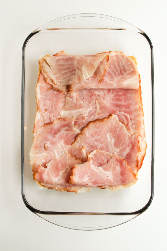 ham layered on halved Hawaiian rolls
