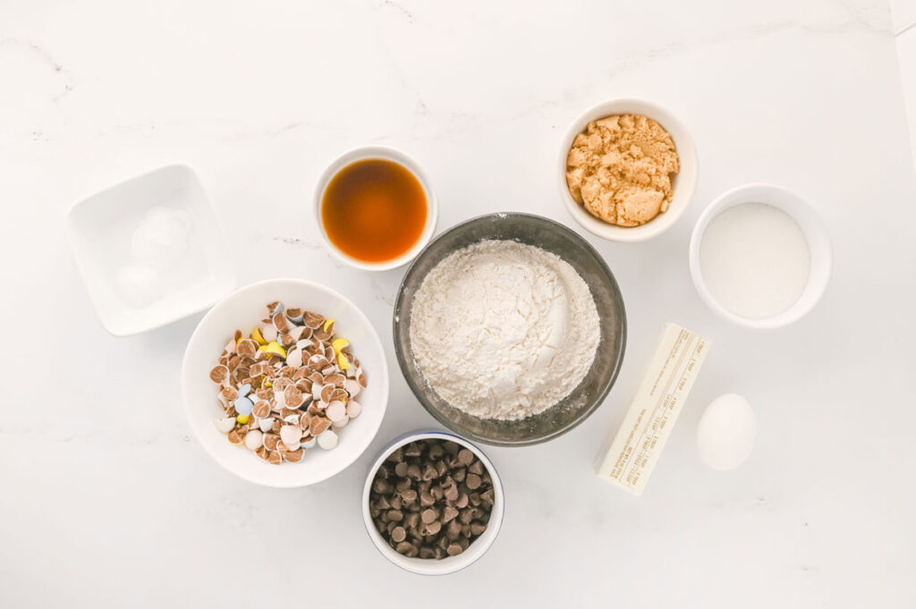 cadbury egg cookies ingredients in bowls on counter
