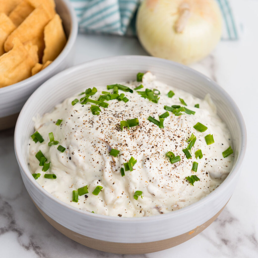 caramelized onion dip in white bowl