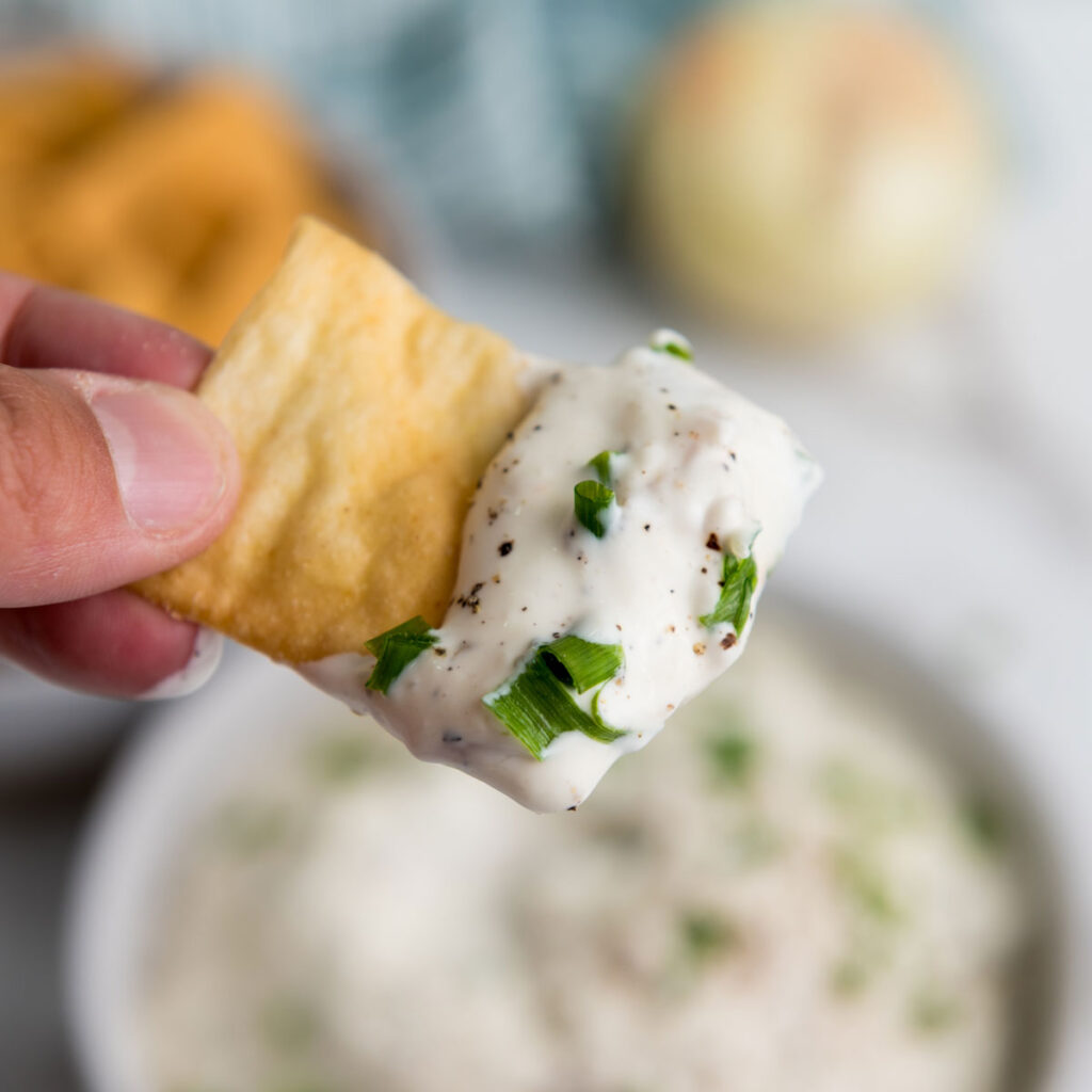 hand holding chip with caramelized onion dip on it
