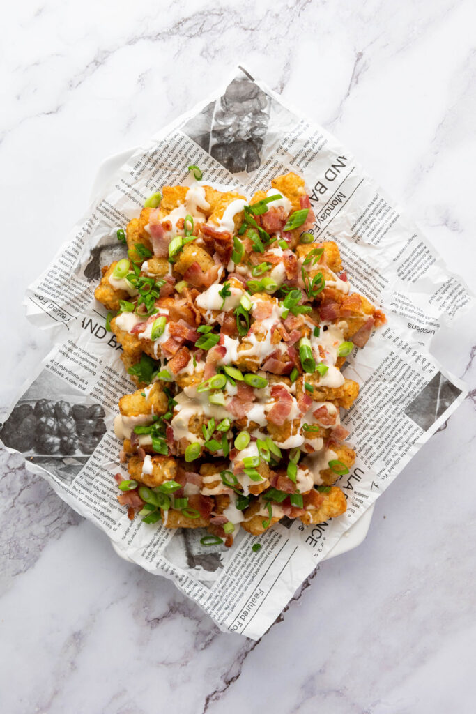 overhead view of loaded tater tots