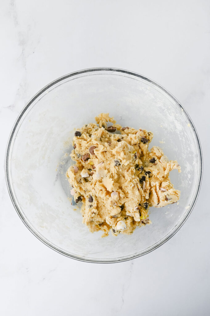 cadbury egg cookie dough in glass bowl
