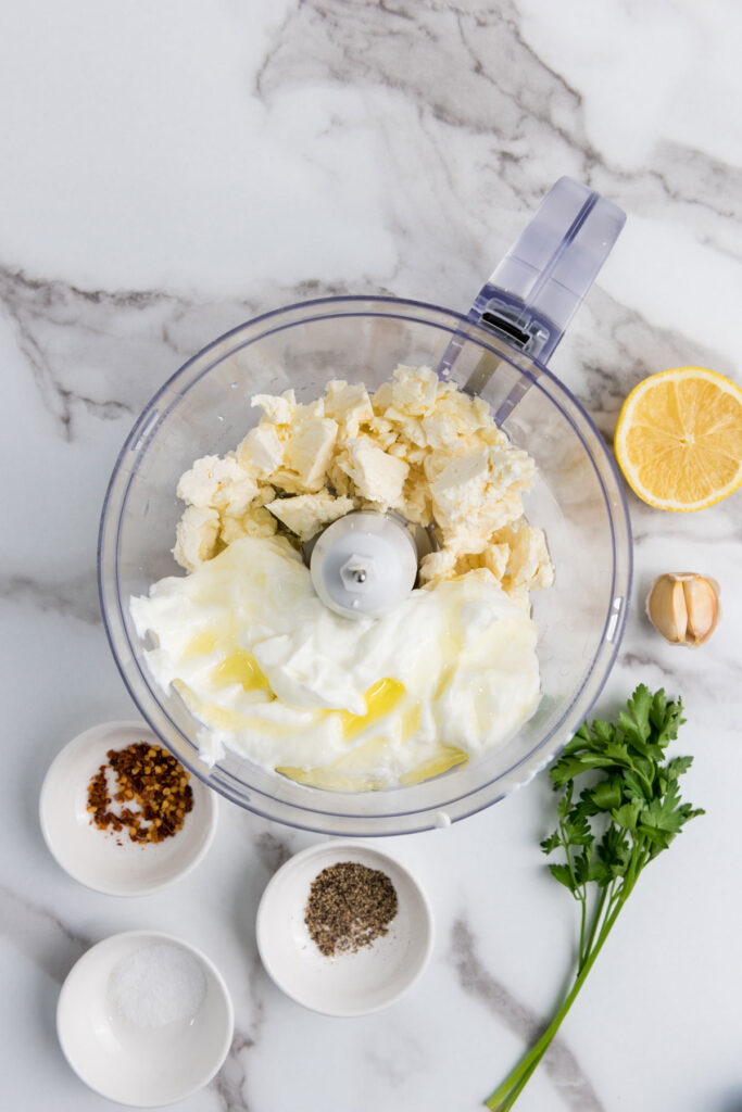 whipped feta dip ingredients in food processor