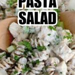 collage of creamy ranch chicken pasta salad with recipe name overlay
