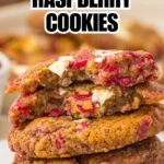 stack of white chocolate raspberry cookies with recipe name overlay