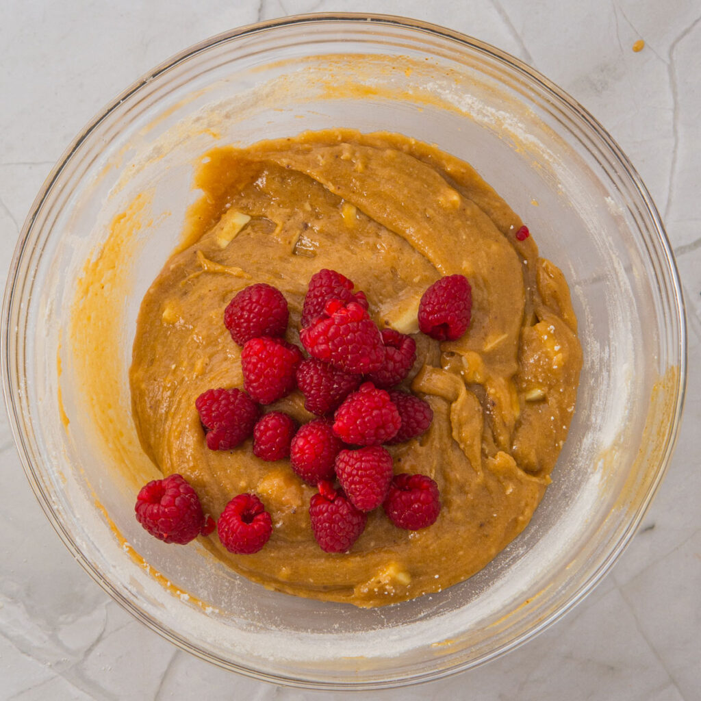 White Chocolate Raspberry Cookie dough in glass bowl