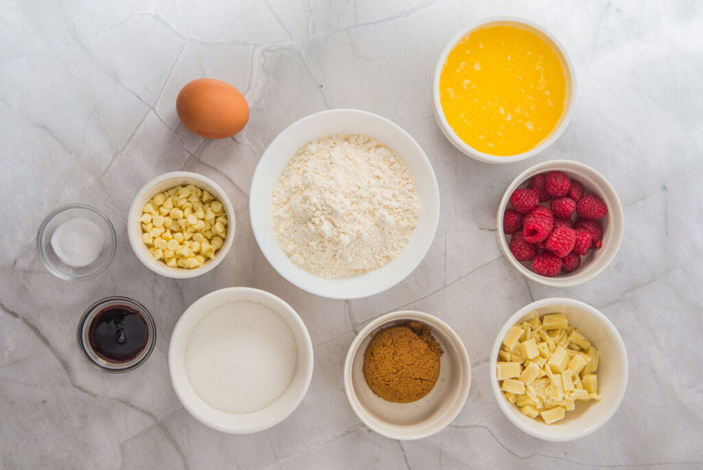 White Chocolate Raspberry Cookie ingredients in bowls on counter