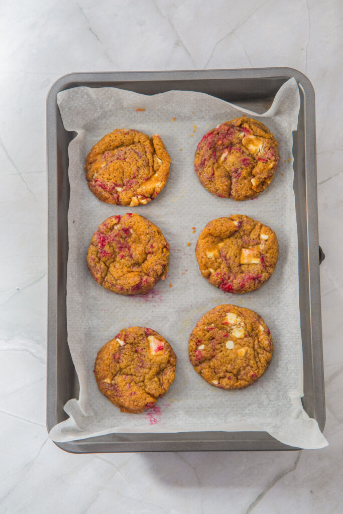 White Chocolate Raspberry Cookies on cookie sheet