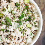 creamy chicken pasta salad in white bowl