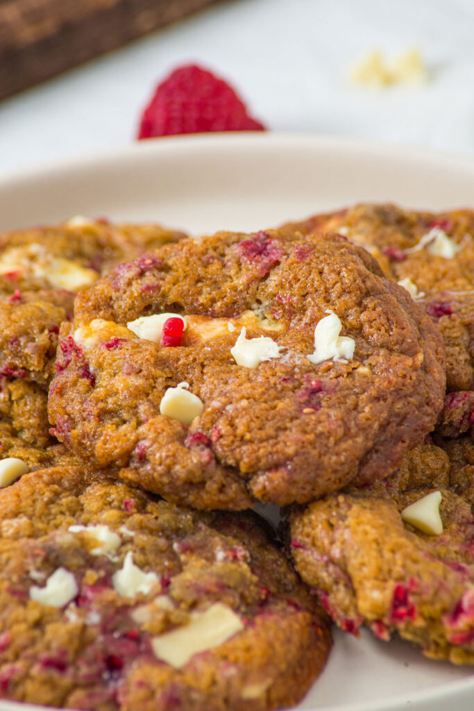 stack of White Chocolate Raspberry Cookies on plate