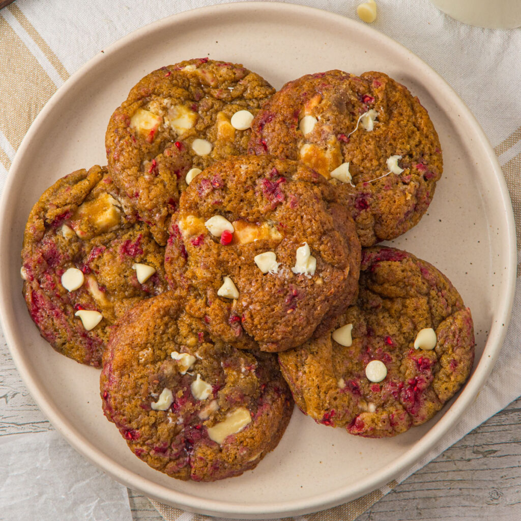 White Chocolate Raspberry Cookies on cream plate