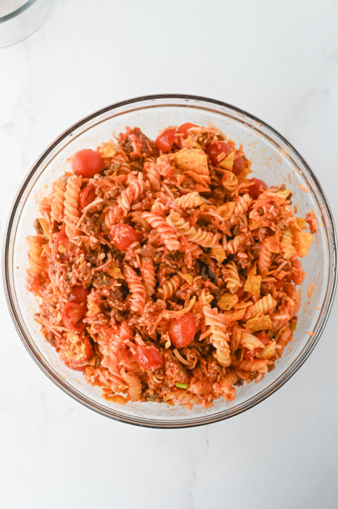 taco pasta salad in glass bowl