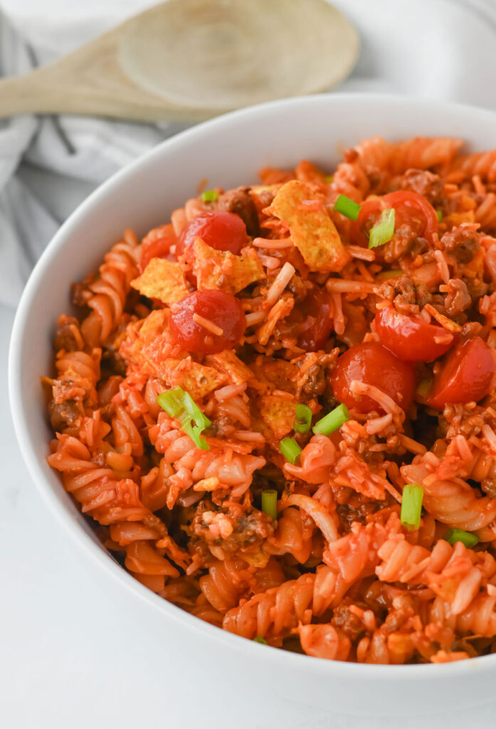 taco pasta salad in white bowl