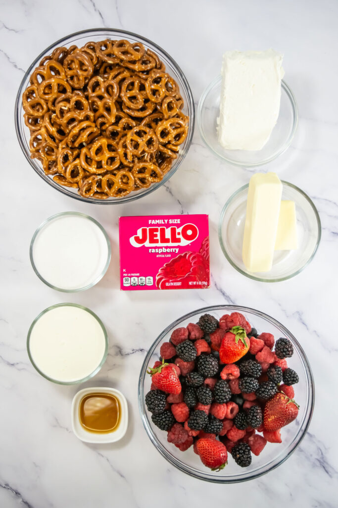 pretzel berry salad ingredients on countertop