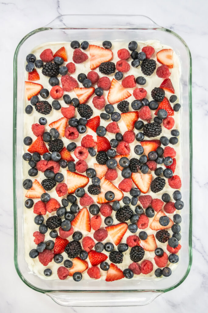 beeries on cream cheese layer for pretzel berry salad