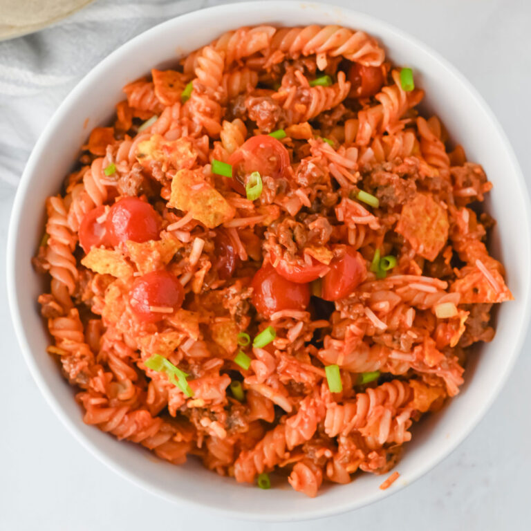 taco pasta salad in white bowl