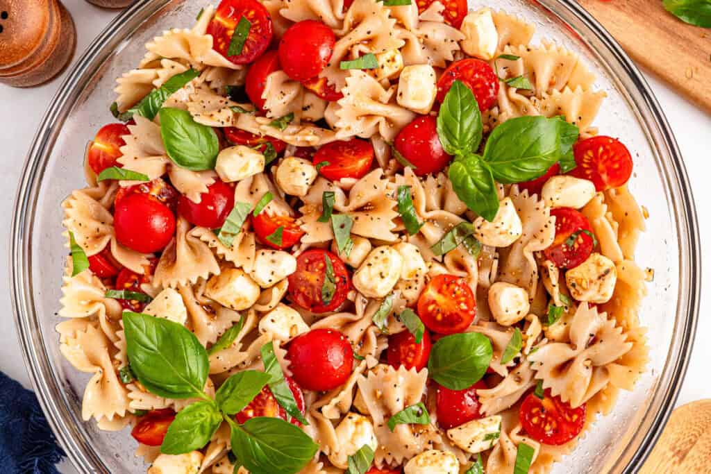 close up of caprese pasta salad