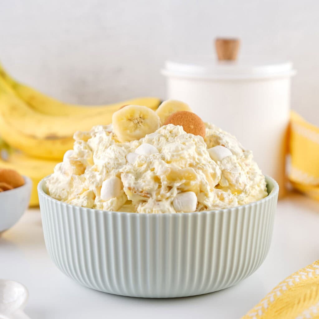 banana pudding fluff salad in white bowl
