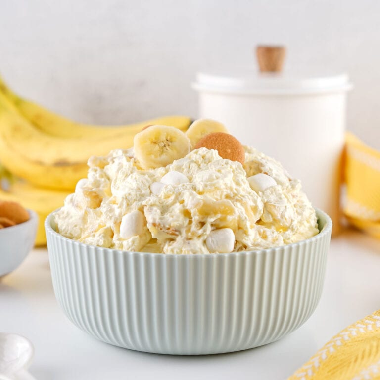 banana pudding fluff salad in white bowl