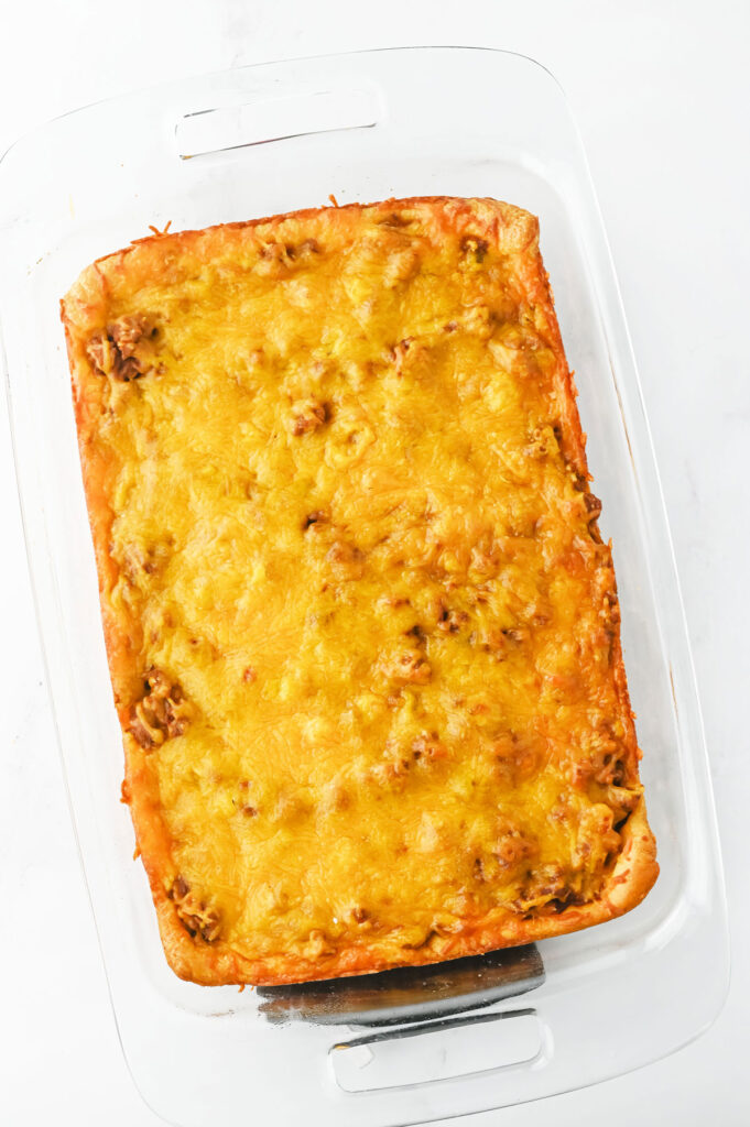 crescent taco bake after baking in casserole dish