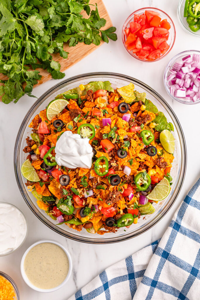 glass bowl of Doritos taco salad