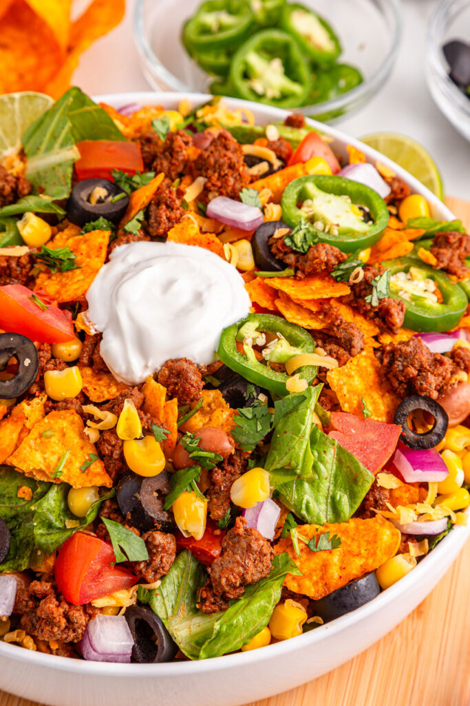 white bowl of Doritos taco salad