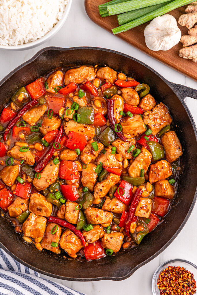 kung pao chicken in skillet