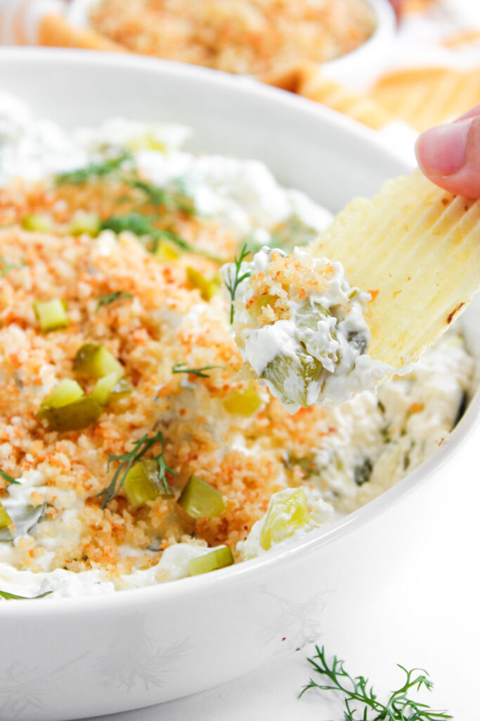 chip scooping dill pickle dip out of white bowl