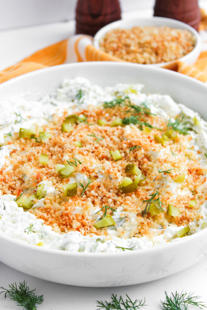 dill pickle dip in white bowl