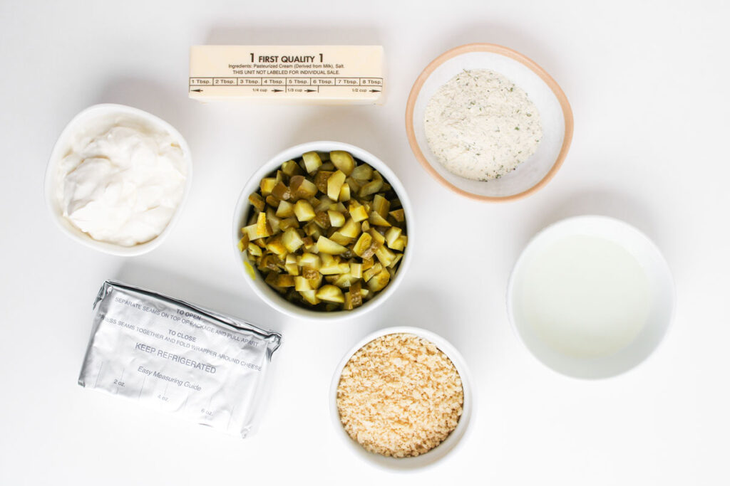 dill pickle dip ingredients on white countertop