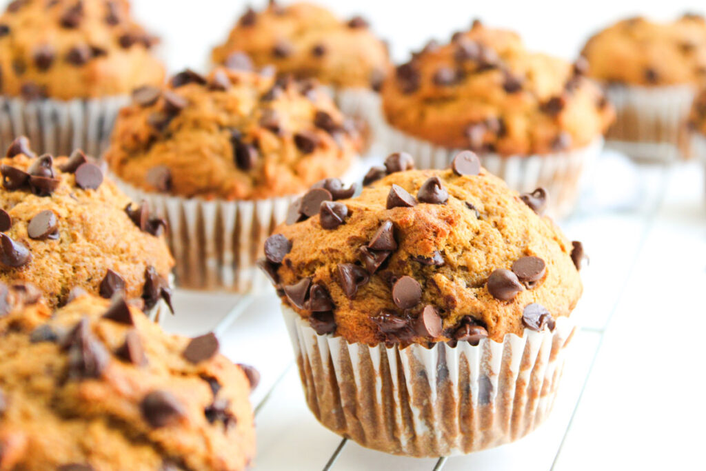 pumpkin chocolate chip muffins on cooling rack