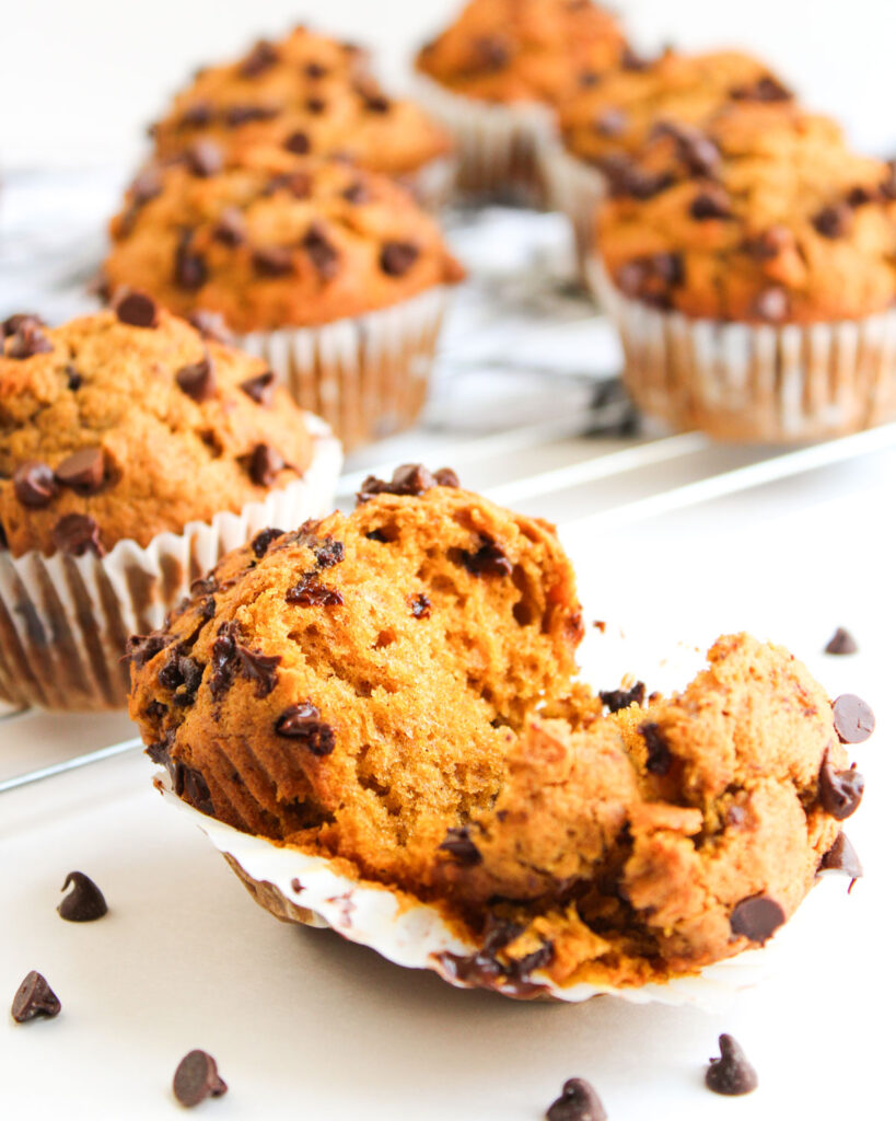chocolate chip pumpkin muffin torn in half