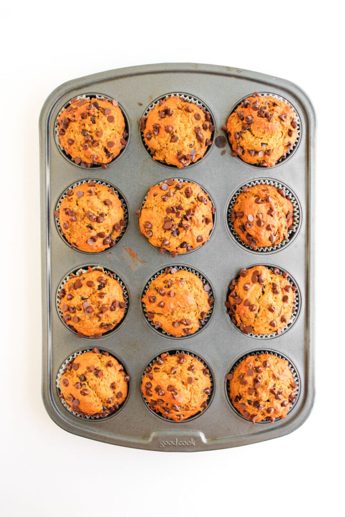 pumpkin chocolate chip muffins in pan