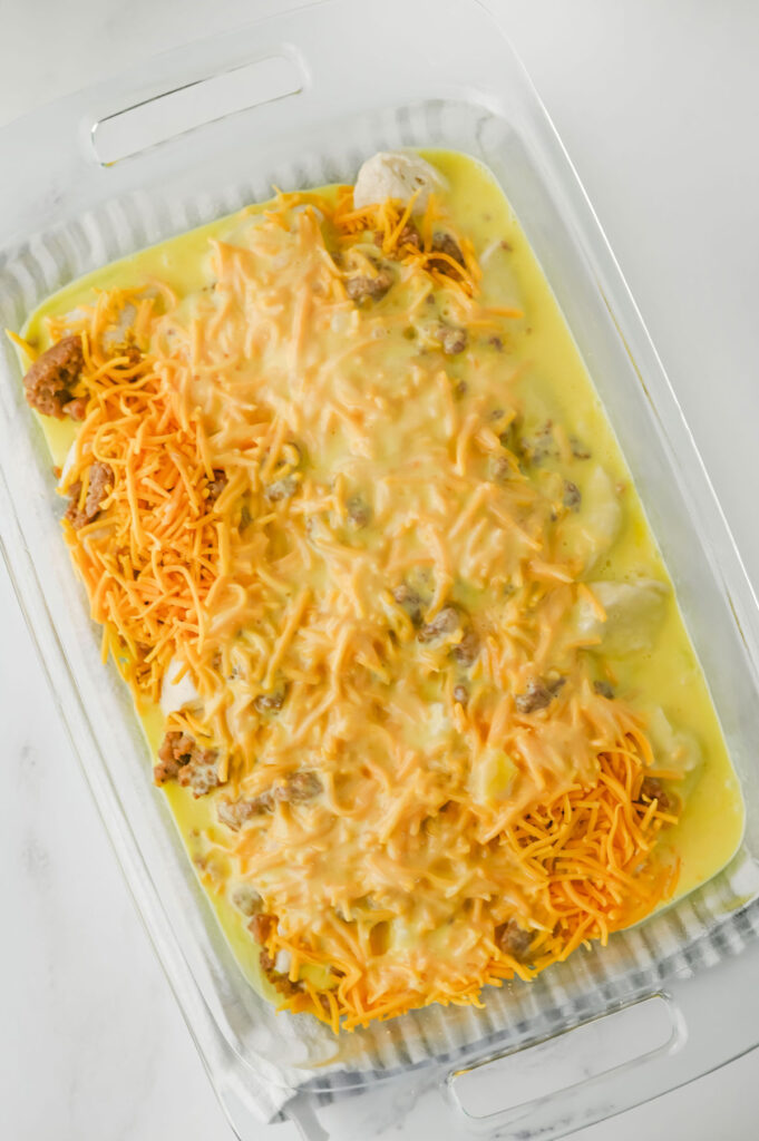 assembling sausage gravy casserole