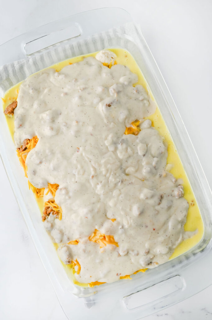 sausage gravy casserole before baking