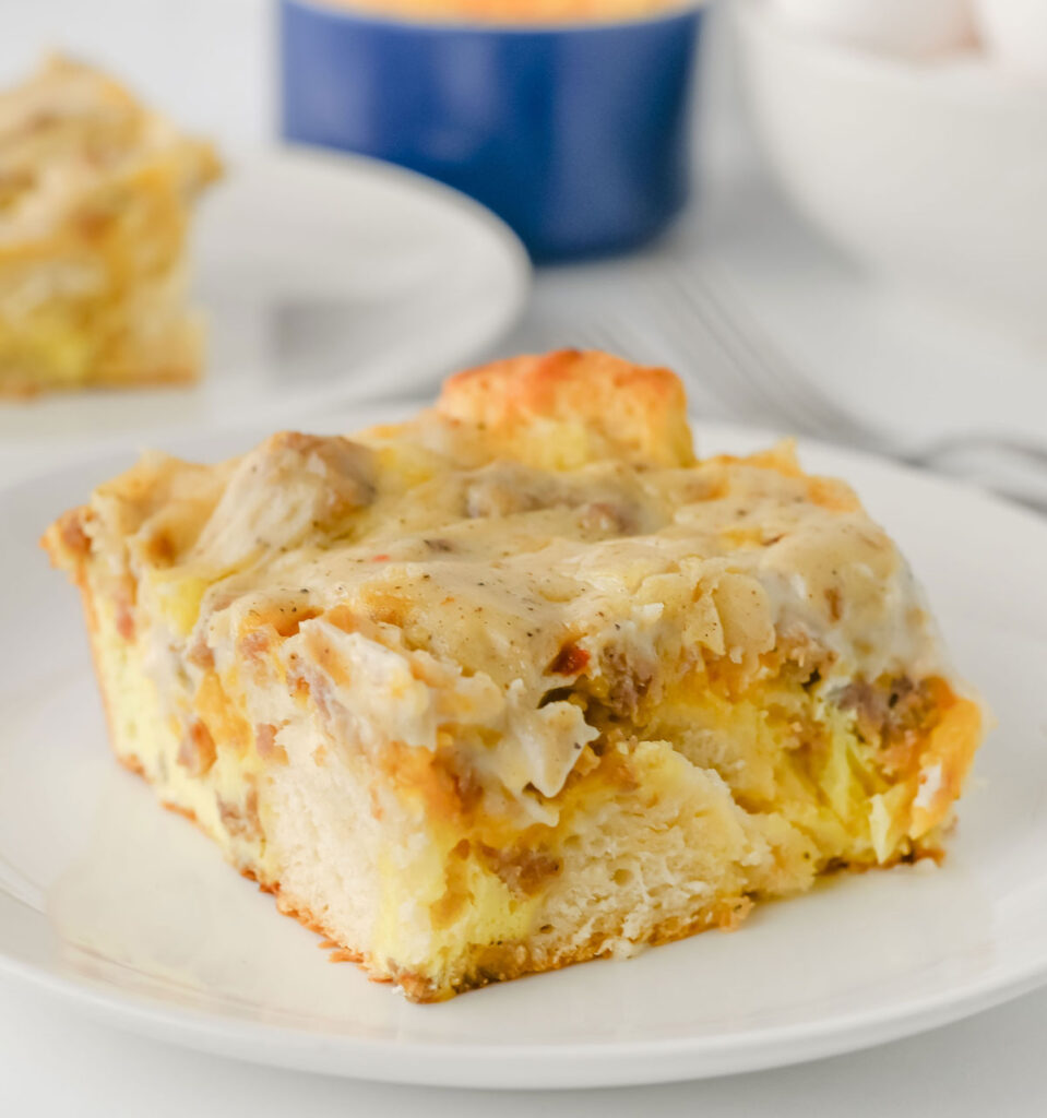 sausage gravy casserole serving on plate