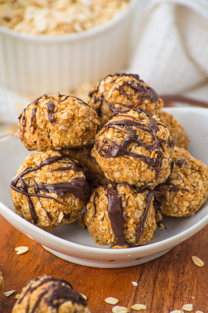 peanut butter oatmeal balls in white bowl