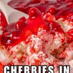 close up of cherries in the snow with recipe name overlay