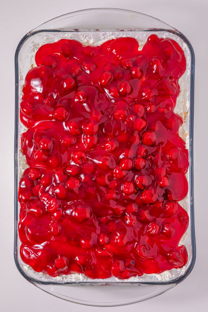 overhead view of cherries in the snow dessert